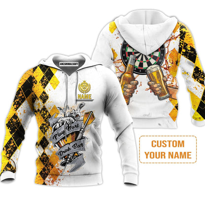 Darts Personalised T-Shirt, Play Dart Drink Beer Argyle Pattern Custom Name T-Shirt
