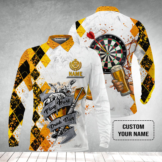 Darts Personalised Men's Long Sleeve Polo Shirt, Play Dart Drink Beer Argyle Pattern Custom Name Long Sleeve Polo Shirt