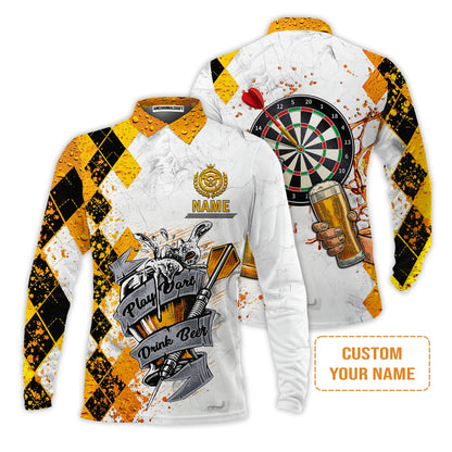 Darts Personalised Men's Long Sleeve Polo Shirt, Play Dart Drink Beer Argyle Pattern Custom Name Long Sleeve Polo Shirt