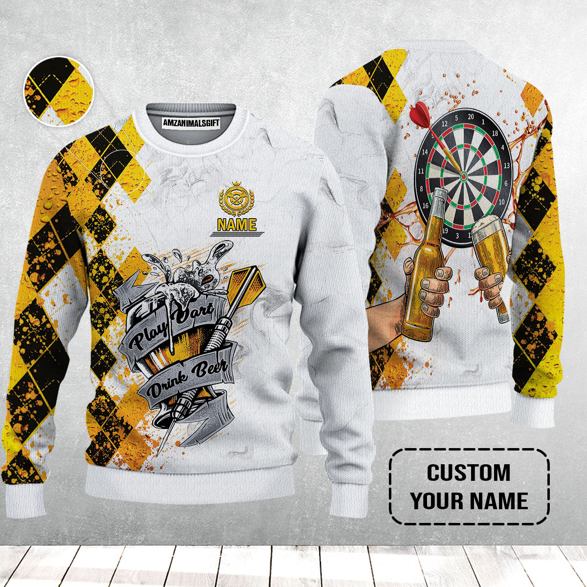Darts Personalised Sweater, Play Dart Drink Beer Argyle Pattern Custom Name Sweater