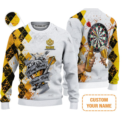 Darts Personalised Sweatshirt, Play Dart Drink Beer Argyle Pattern Custom Name Sweatshirt