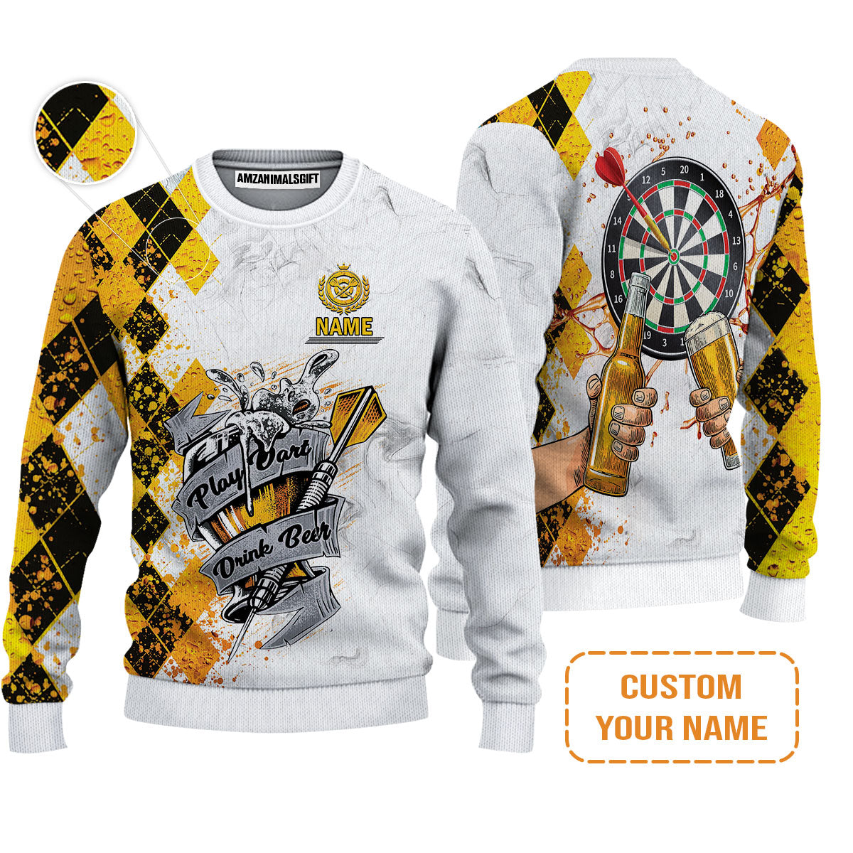 Darts Personalised Men's Long Sleeve Polo Shirt, Play Dart Drink Beer Argyle Pattern Custom Name Long Sleeve Polo Shirt