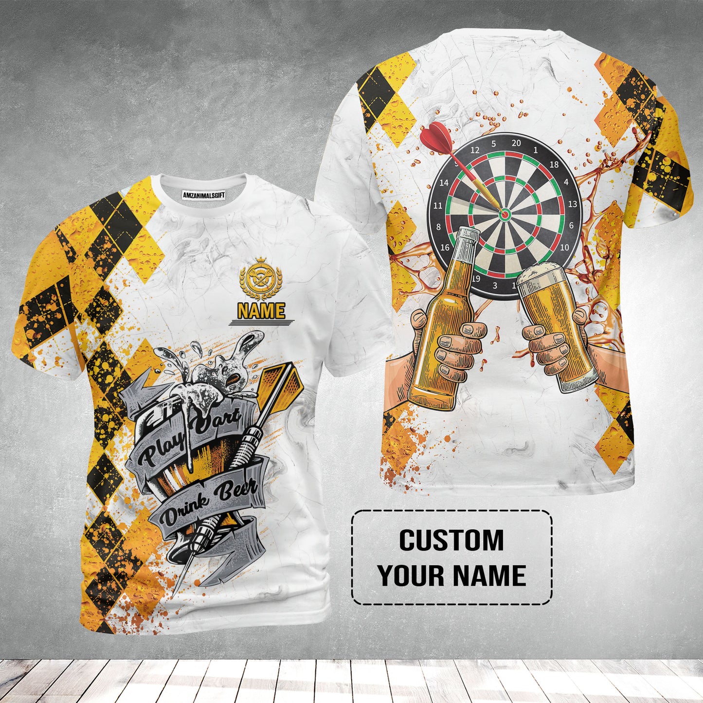 Darts Personalised T-Shirt, Play Dart Drink Beer Argyle Pattern Custom Name T-Shirt