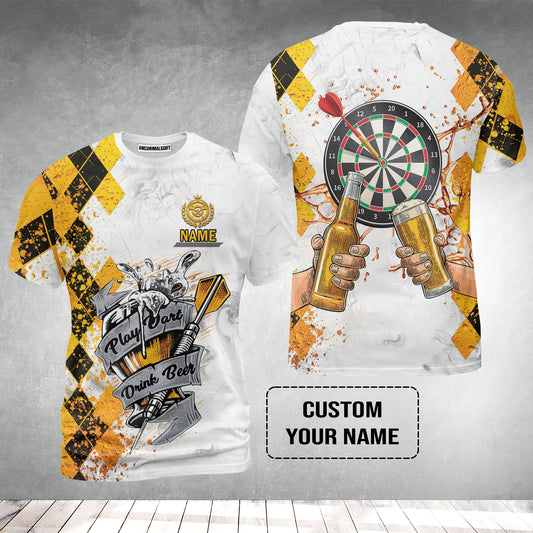 Darts Personalised T-Shirt, Play Dart Drink Beer Argyle Pattern Custom Name T-Shirt