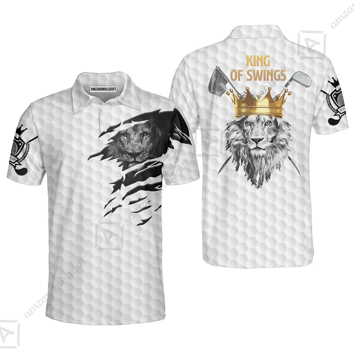 Black And White Lion King Sketching Golf Polo Shirt, King Of Swings Lion Golfing Polo Shirt