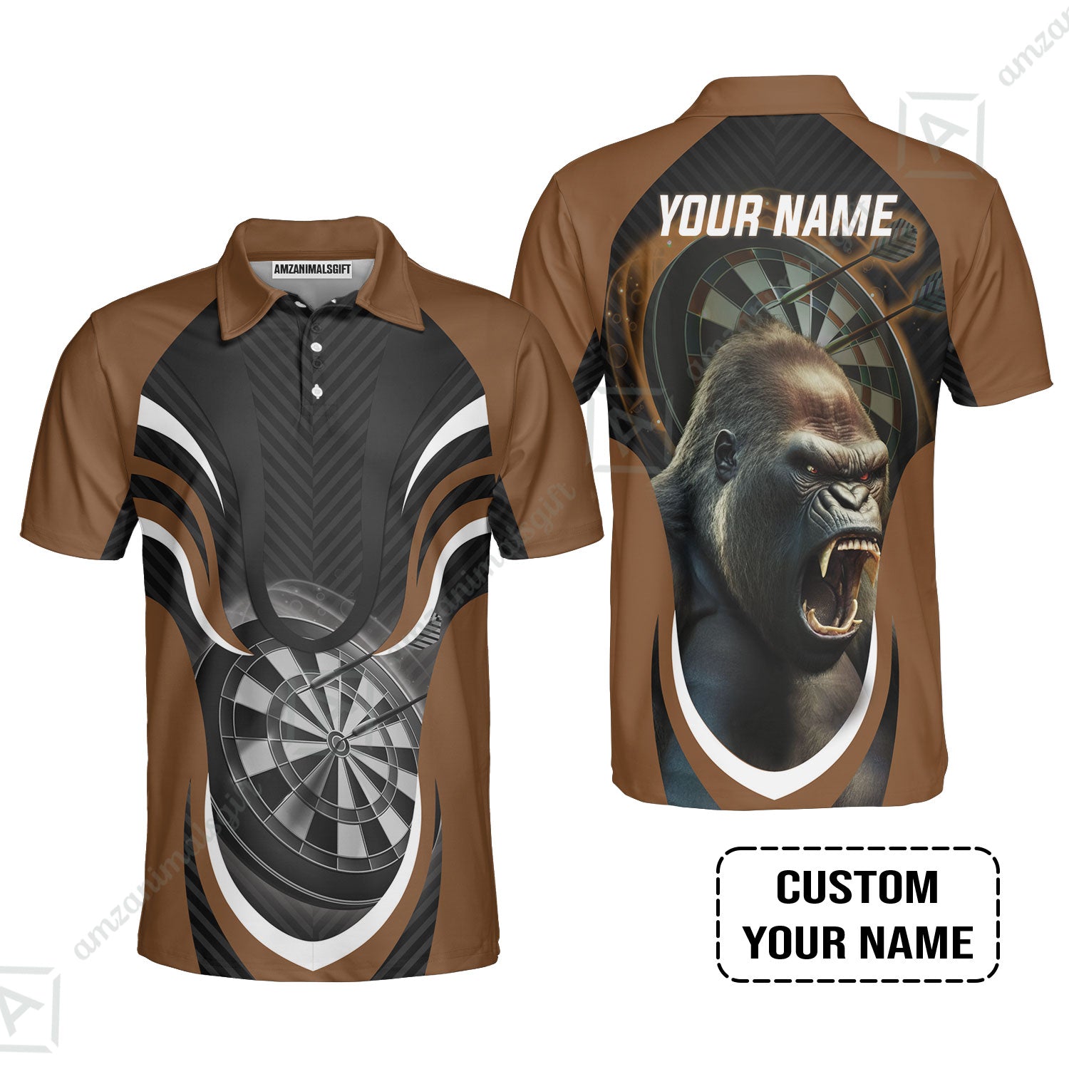 Gorilla And Darts Custom Name Men Polo Shirt, Bullseye Dartboard Brown Personalized Men Polo Shirt