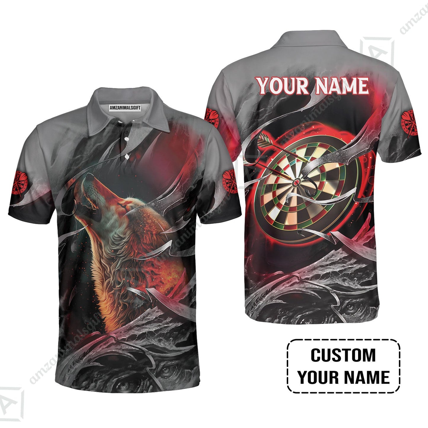 Customized Name Darts Long Polo Shirt, Bullseye Dartboard Personalized Flame Wolf And Darts Long Polo Shirt