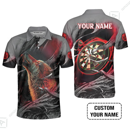 Customized Name Darts Long Polo Shirt, Bullseye Dartboard Personalized Flame Wolf And Darts Long Polo Shirt