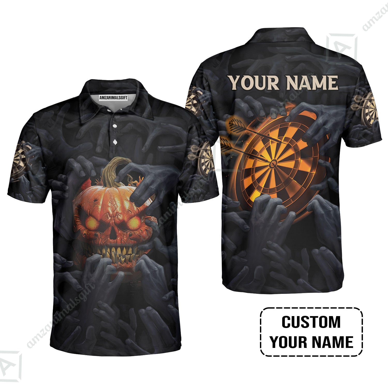 Customized Name Darts Men Polo Shirt, Bullseye Dartboard Personalized Pumpkin And Darts Polo Shirt