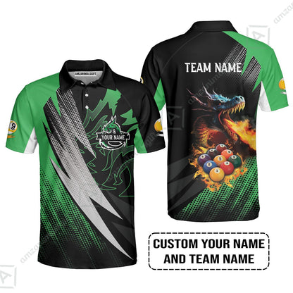 Custom Billiards Long Polo Shirt, Custom Name And Team Name Billiards Pool 9 Ball Dragon Green Pattern Long Polo Shirt