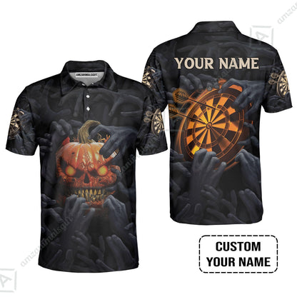 Customized Name Darts Long Polo Shirt, Bullseye Dartboard Personalized Pumpkin And Darts Long Polo Shirt