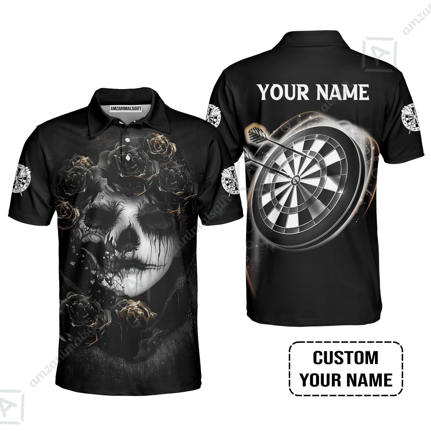 Customized Name Darts Polo Shirt, Flower Skull Girl And Dartboard Personalized Polo Shirt