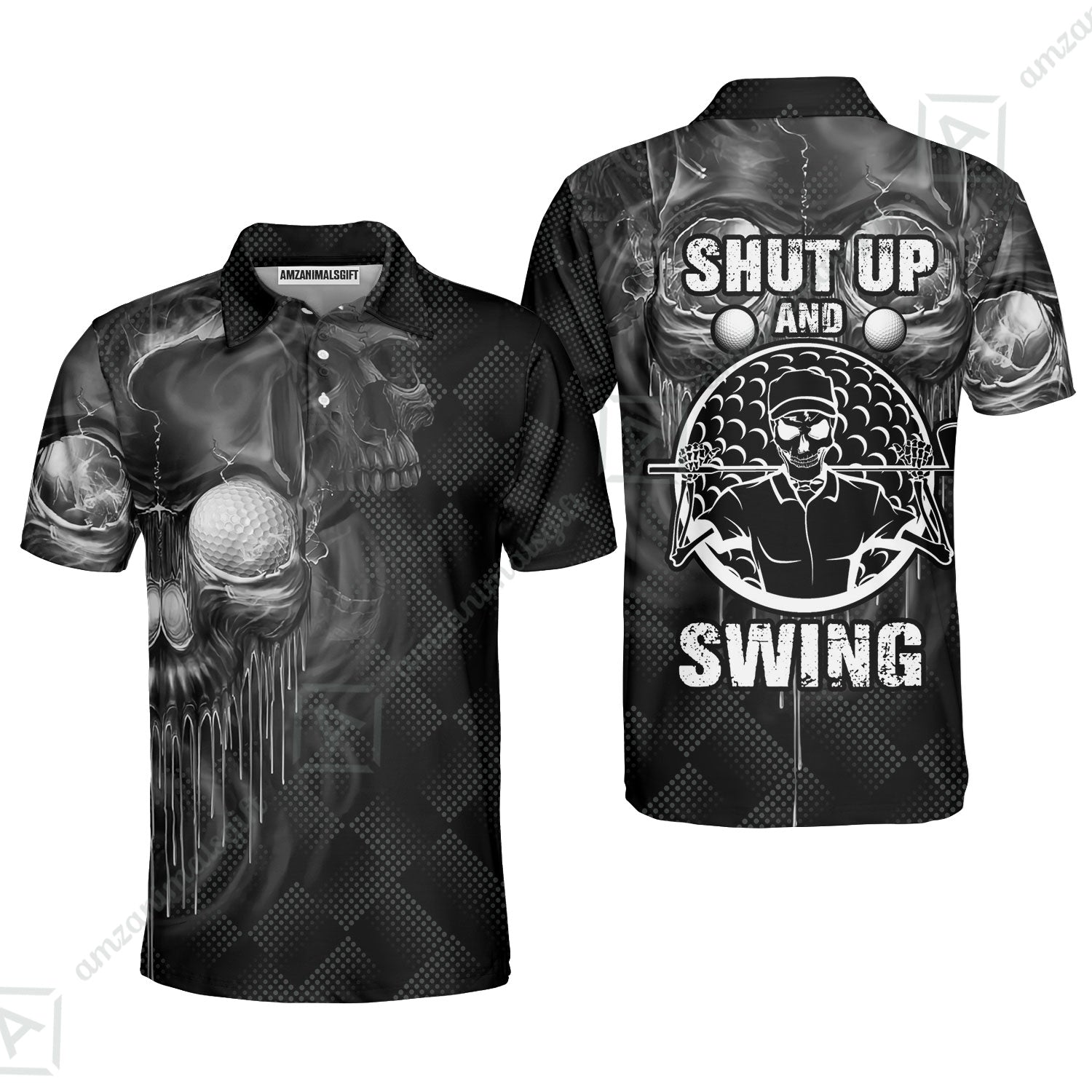 Men Golf Polo Shirt - Scary Skull Golf Men Polo Shirt, Golf Shut Up Shirt Design For Men, Best Halloween Golf