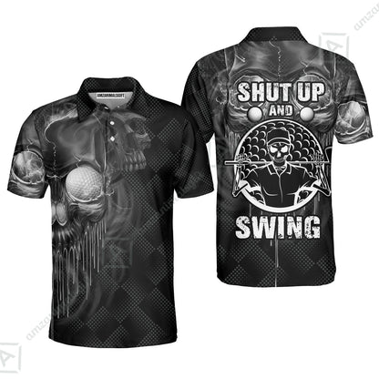 Men Golf Zip Polo Shirt - Scary Skull Golf Shut Up Shirt Design For Men, Best Halloween Zip Polo Shirt