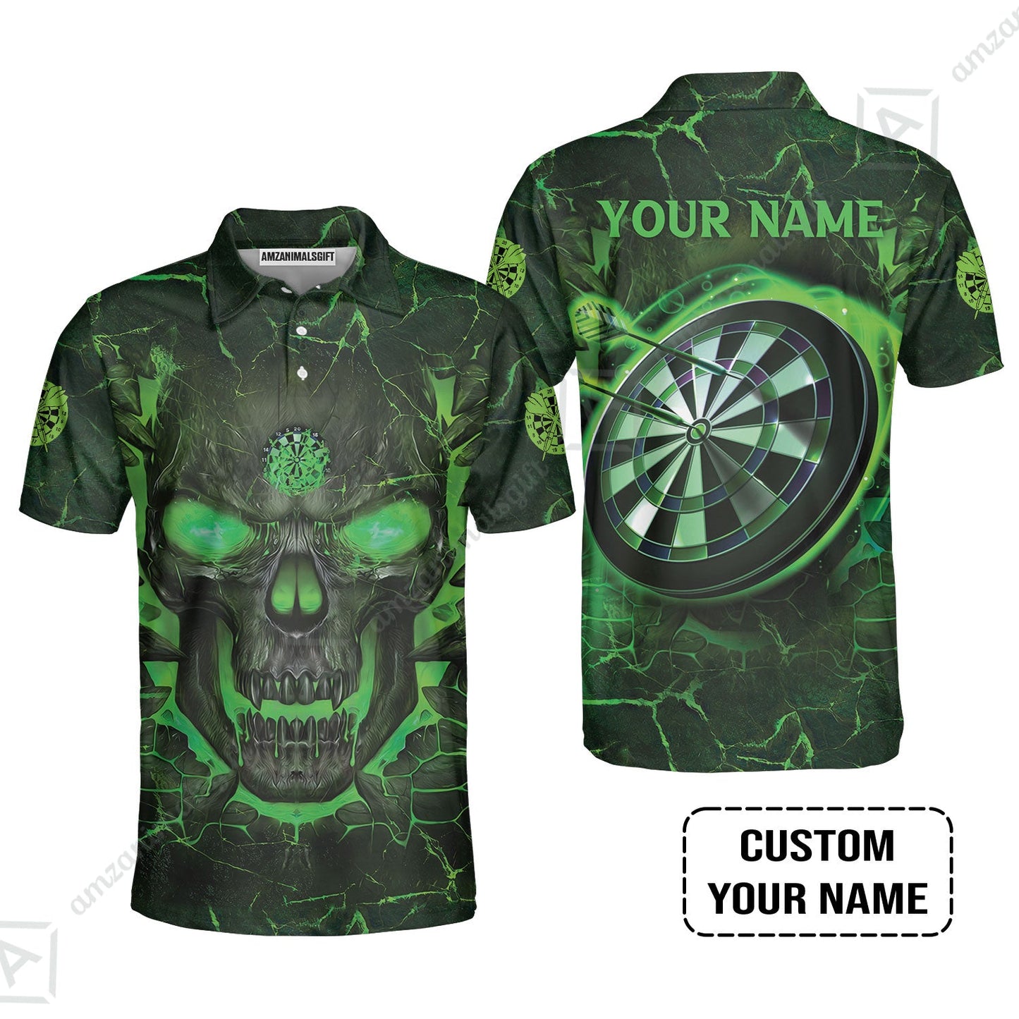 Customized Darts Long Polo Shirt, Flame Green Skull Dartboard Personalized Skull And Darts Long Polo Shirt