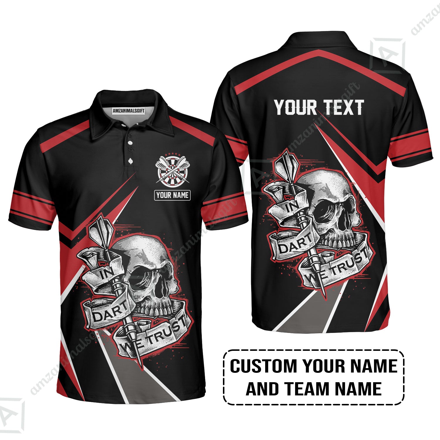 Customized Name & Text Darts Polo Shirt, Skull In Darts We Trust Personalized Darts Polo Shirt