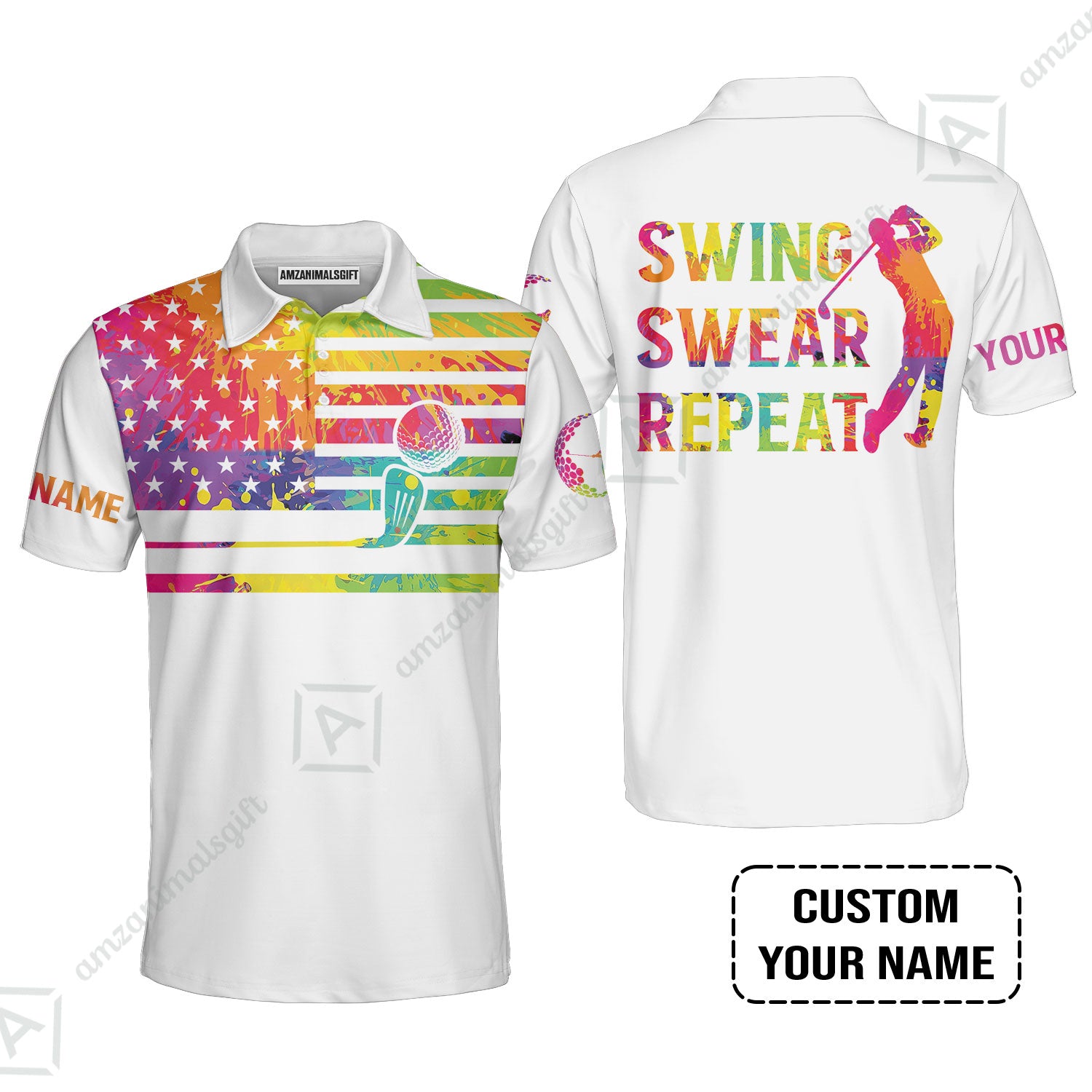 Golf Men Polo Shirt - Funny Watercolor American Flag Custom Name White Apparel - Swing Swear Repeat Golf Polo Shirt