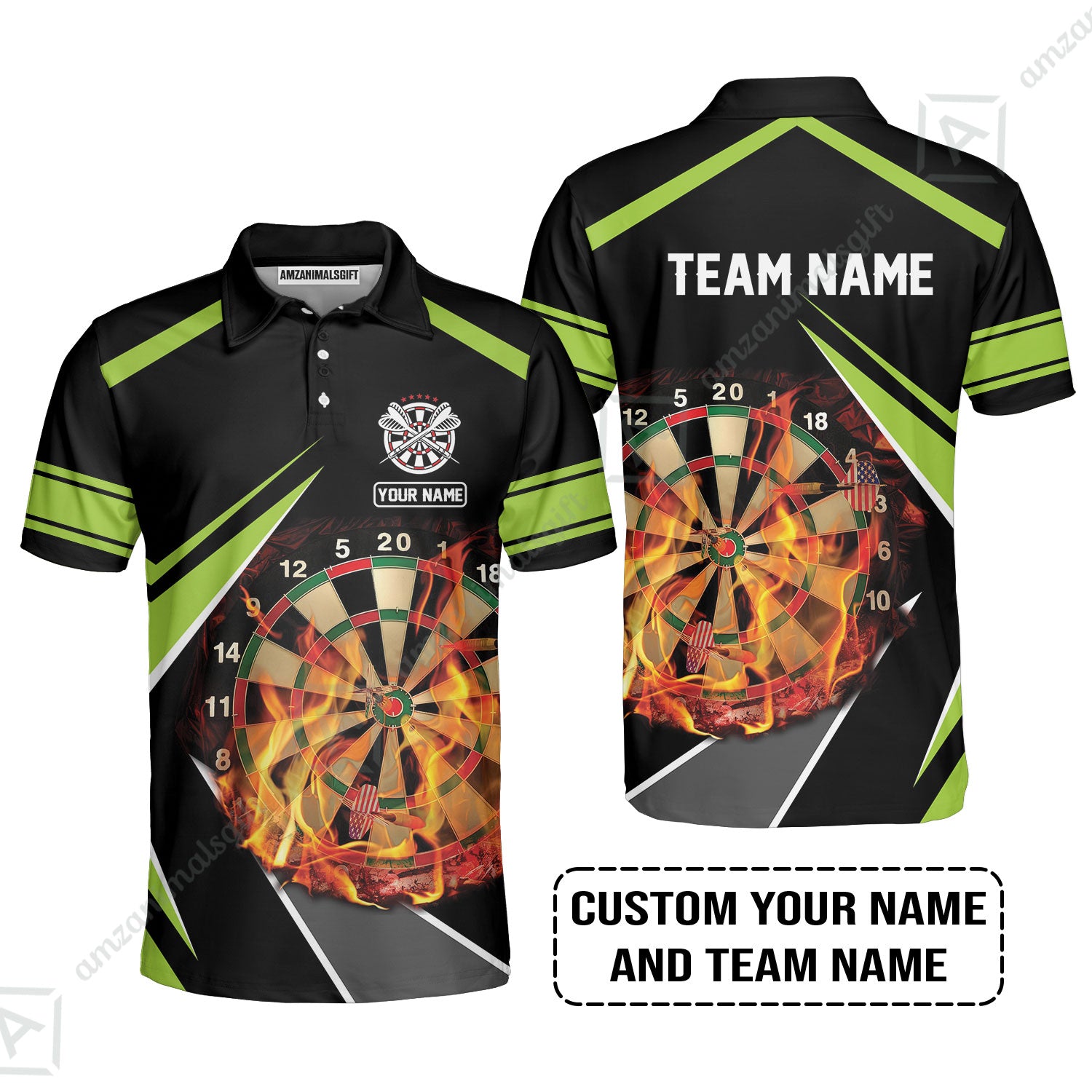 Customized Name & Team Name Darts Polo Shirt, Dartboard Flame Personalized Darts Polo Shirt