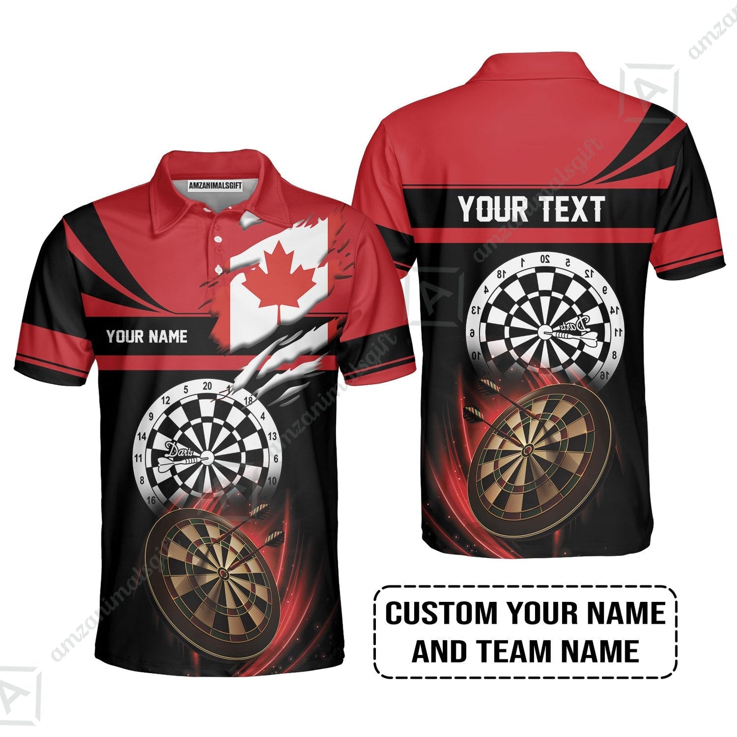Customized Name & Text Darts Men Polo Shirt, Canada Flag Personalized Name Darts Zip Polo Shirt