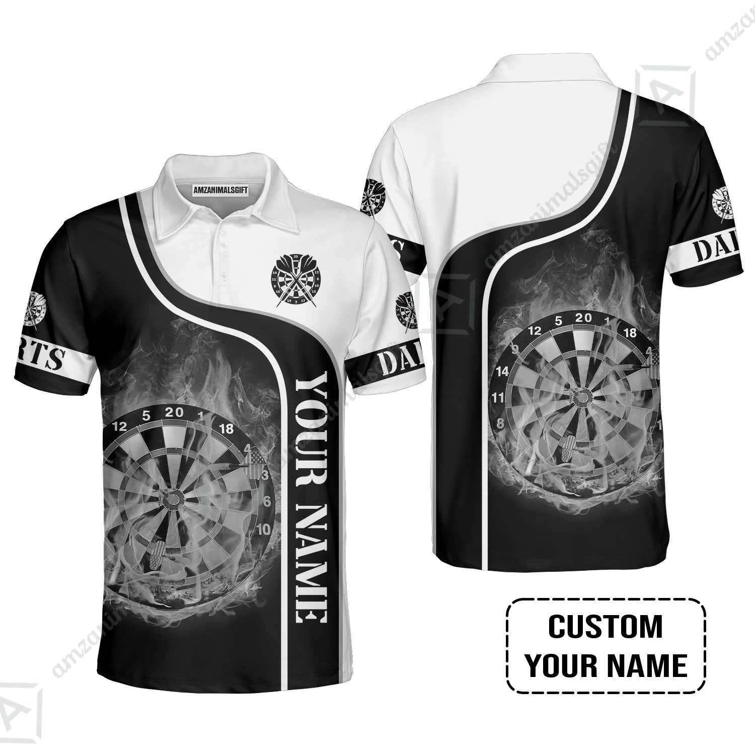 Customized Darts Polo Shirt, Personalized Black White Darts Polo Shirt