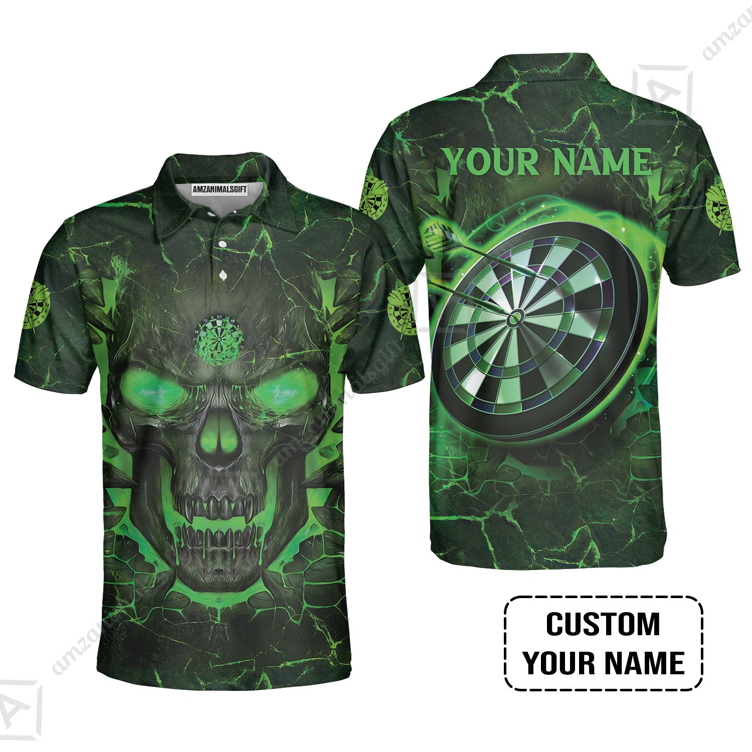 Customized Darts Men Polo Shirt, Flame Green Skull Dartboard Personalized Skull And Darts Polo Shirt