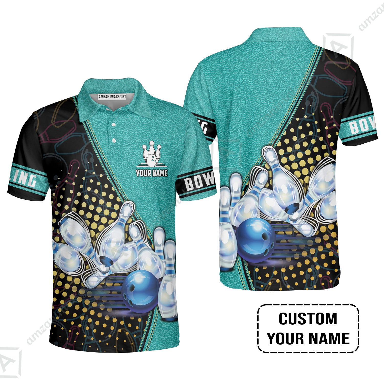 Custom Bowling Men Polo Shirt - Black And Blue Bowling Ball Pattern Personalized Name Polo Shirt