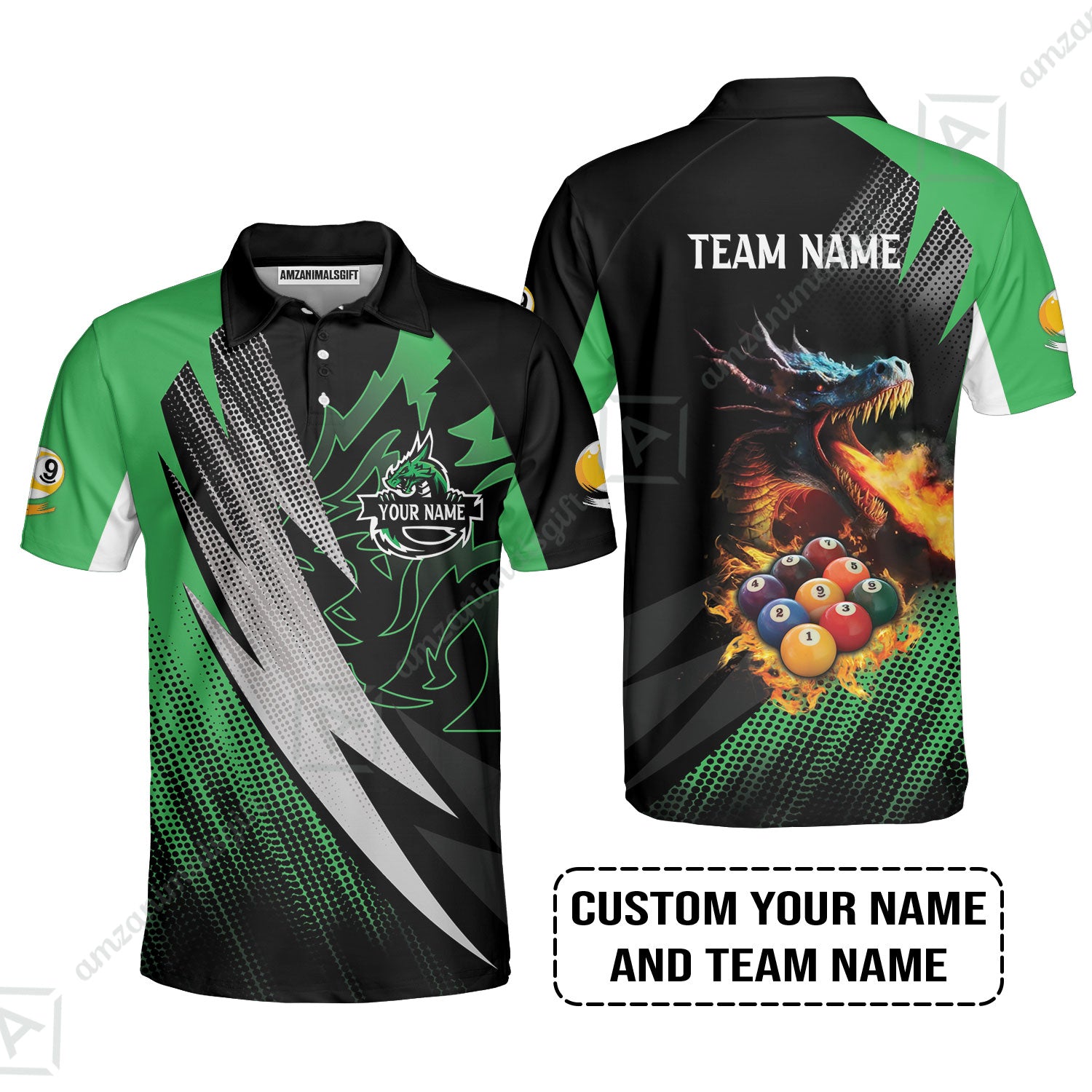 Custom Billiards Men Polo Shirt, Custom Name And Team Name Billiards Pool 9 Ball Dragon Green Pattern Polo Shirt