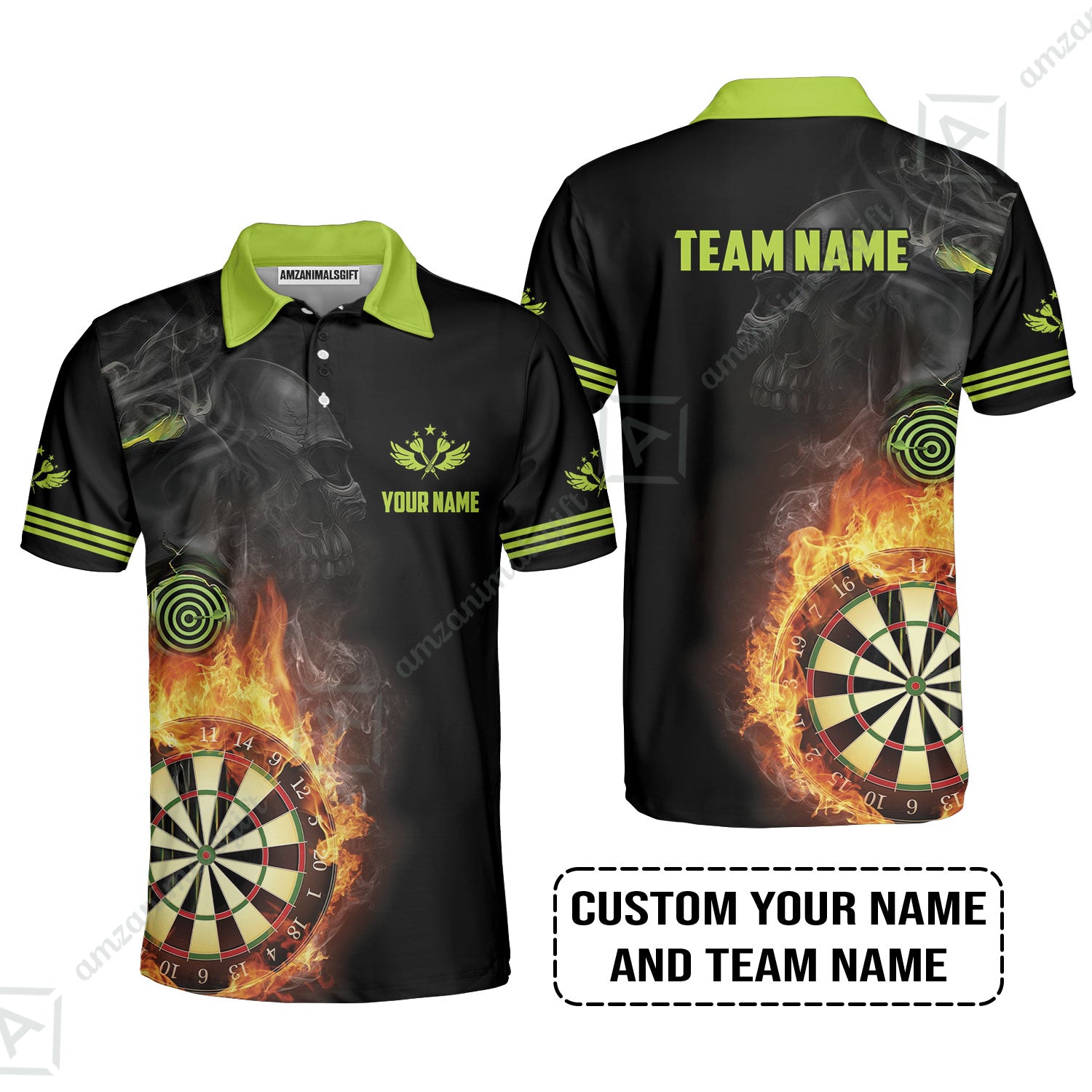 Customized Name & Team Darts Polo Shirt, Skull Darts Flame Personalized Darts Polo Shirt