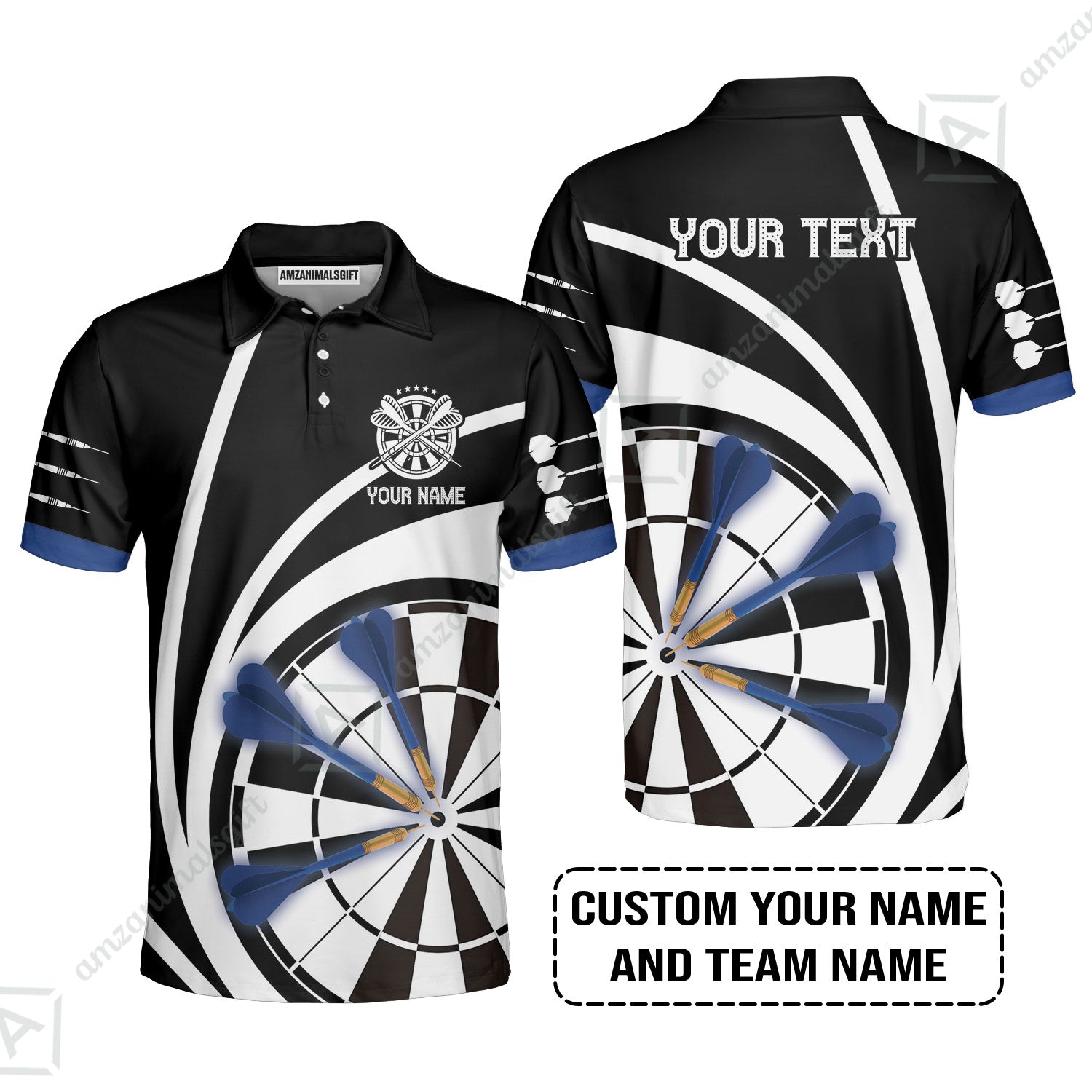 Customized Name & Text Darts Polo Shirt, Personalized Name Blue Dark Darts Team Polo Shirt