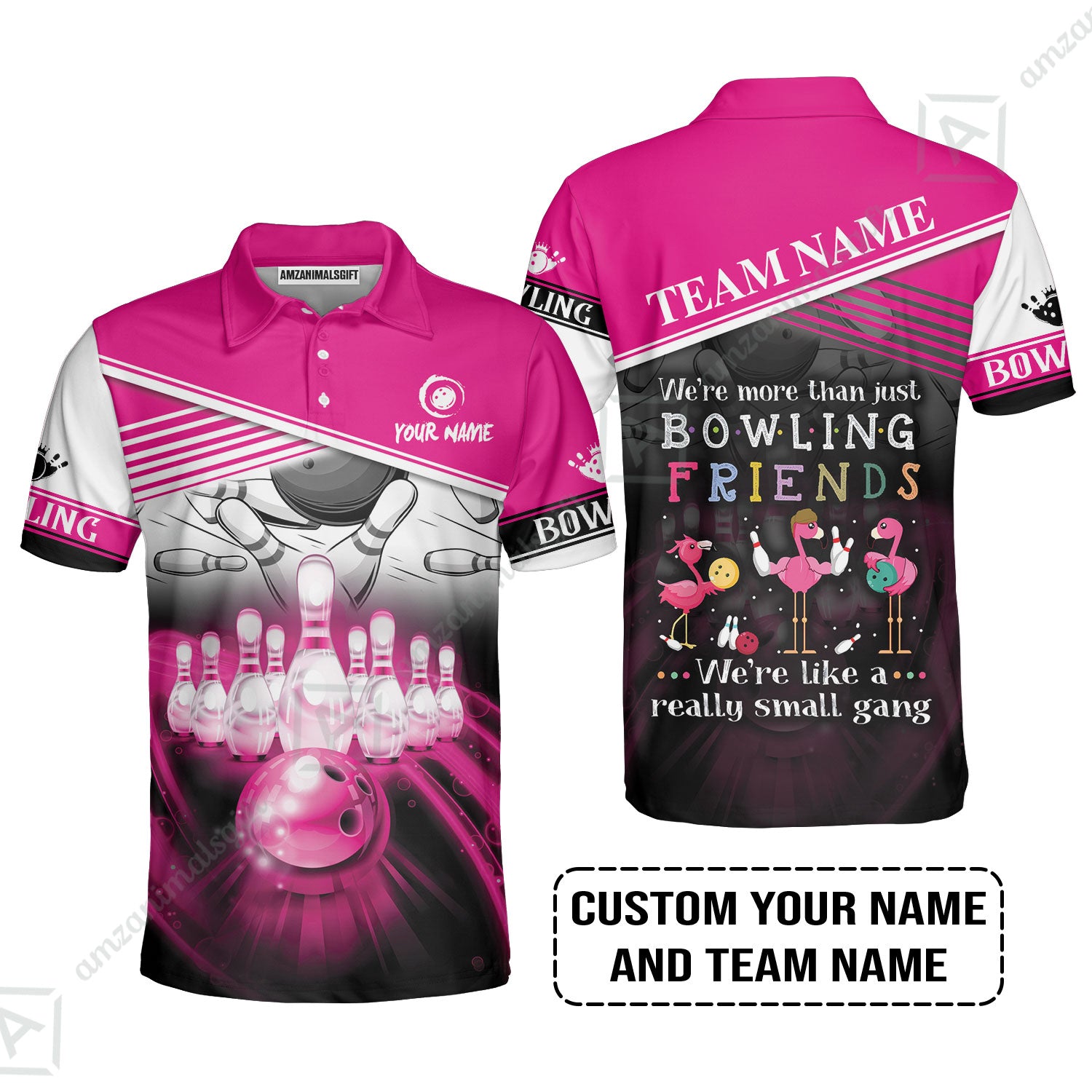 Customized Bowling Polo Shirt, Flamingo Personalized Bowling Team We're Like A Really Small Gang Bowling Polo Shirt