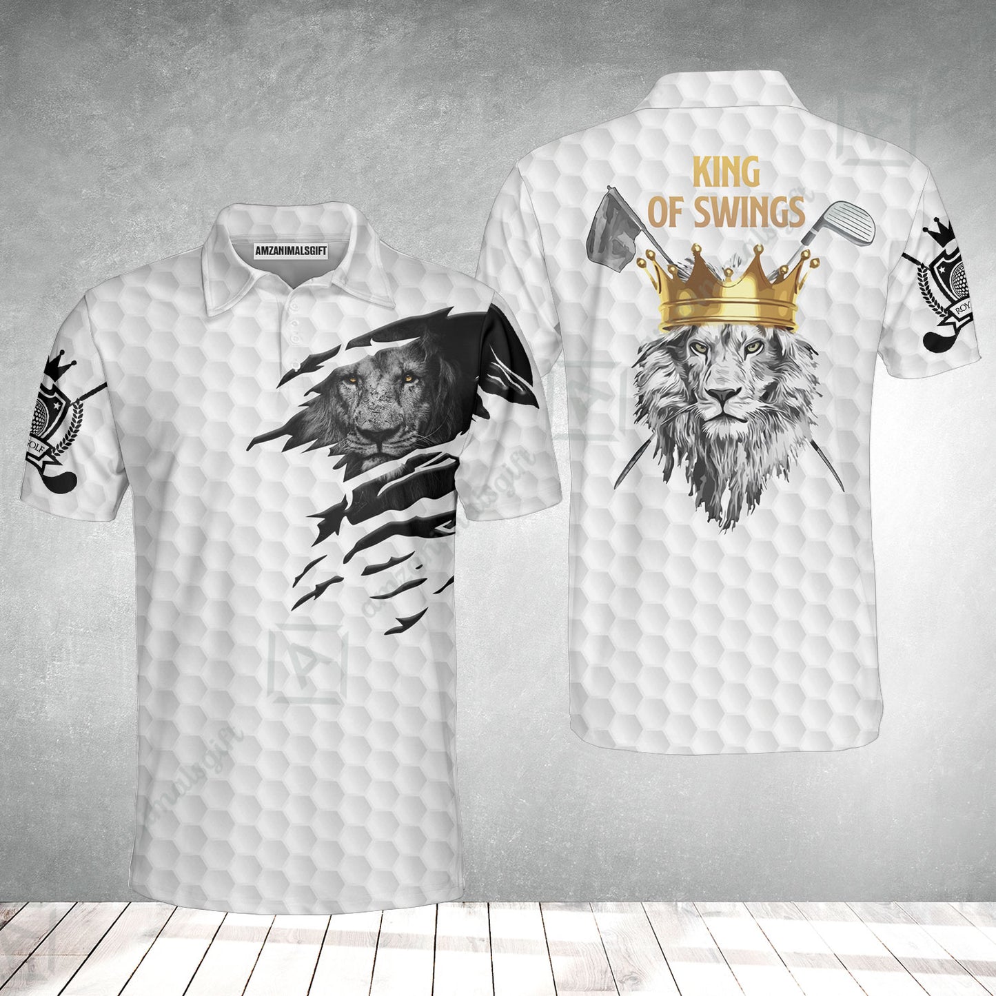 Black And White Lion King Sketching Golf Polo Shirt, King Of Swings Lion Golfing Polo Shirt