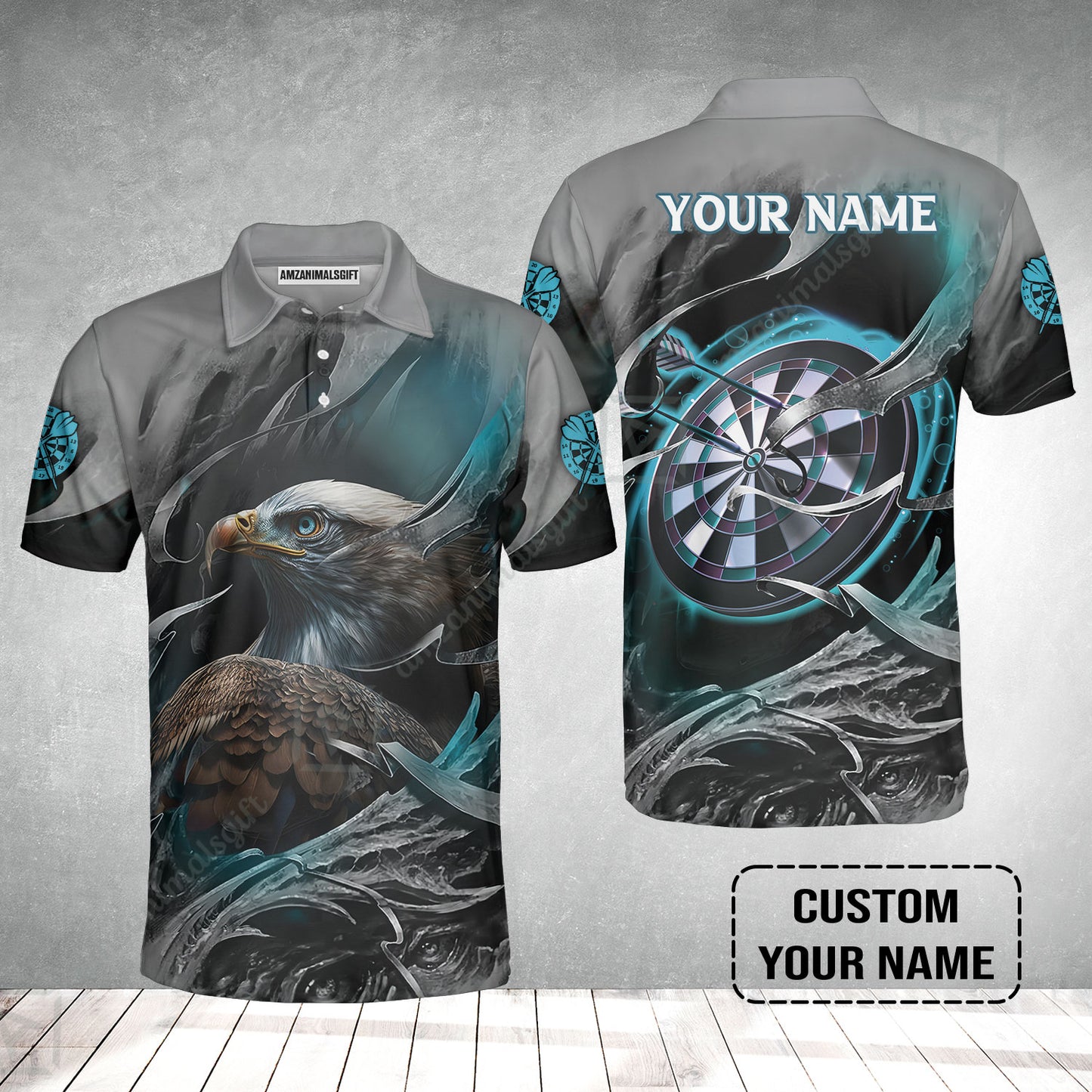 Customized Name Darts Men Polo Shirt, Bullseye Dartboard Personalized Eagle And Darts Polo Shirt