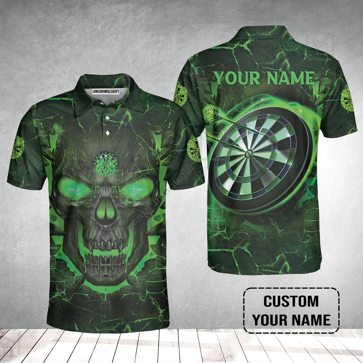 Customized Darts Men Polo Shirt, Flame Green Skull Dartboard Personalized Skull And Darts Polo Shirt