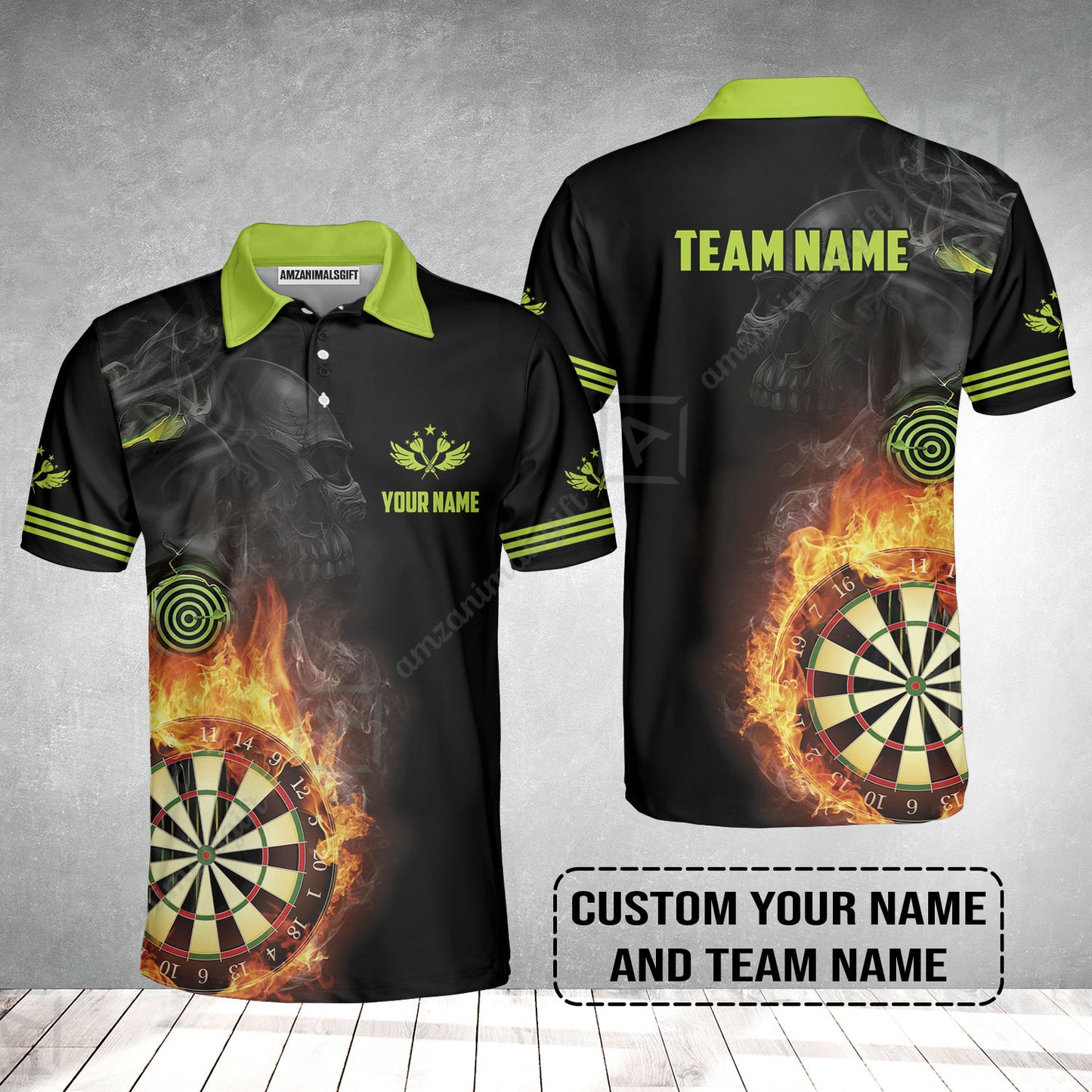 Customized Name & Team Darts Polo Shirt, Skull Darts Flame Personalized Darts Polo Shirt