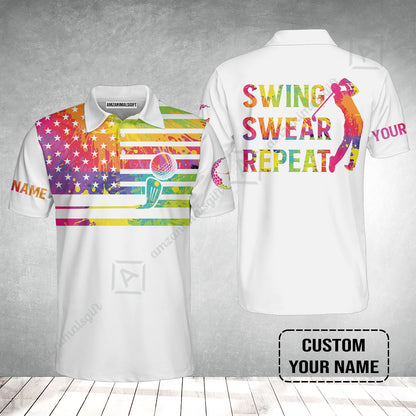 Golf Men Polo Shirt - Funny Watercolor American Flag Custom Name White Apparel - Swing Swear Repeat Golf Polo Shirt