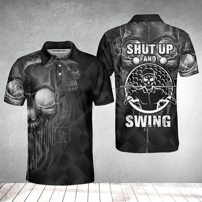 Men Golf Polo Shirt - Scary Skull Golf Men Polo Shirt, Golf Shut Up Shirt Design For Men, Best Halloween Golf