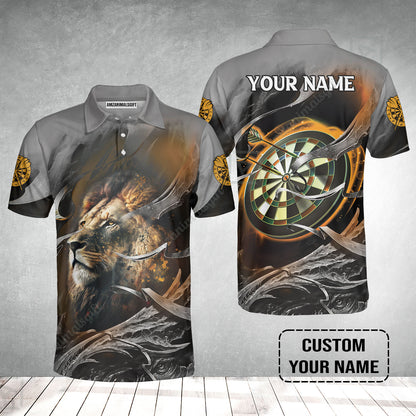 Customized Name Darts Men Polo Shirt, Bullseye Dartboard Personalized Lion And Darts Polo Shirt