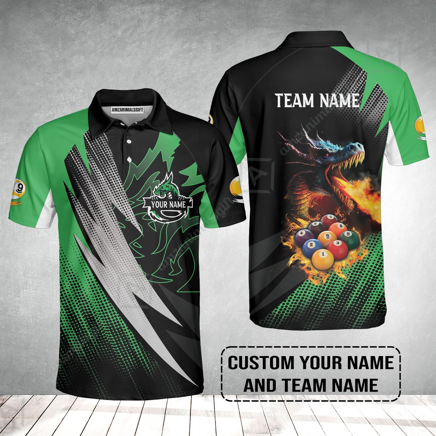 Custom Billiards Men Polo Shirt, Custom Name And Team Name Billiards Pool 9 Ball Dragon Green Pattern Polo Shirt