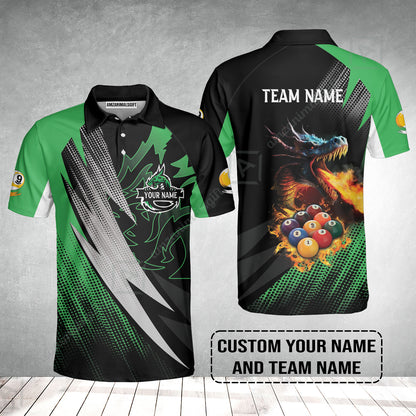 Custom Billiards Men Polo Shirt, Custom Name And Team Name Billiards Pool 9 Ball Dragon Green Pattern Polo Shirt