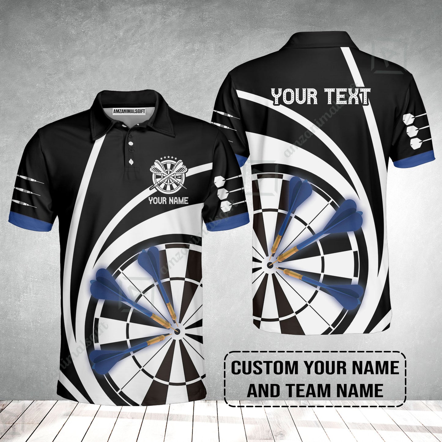Customized Name & Text Darts Polo Shirt, Personalized Name Blue Dark Darts Team Polo Shirt