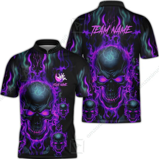 Bowling Customized Jersey Shirt Purple Flame Skull Bowling Tenpin Quarter Zip Shirt, Outfit For Bowlers, Bowling Team