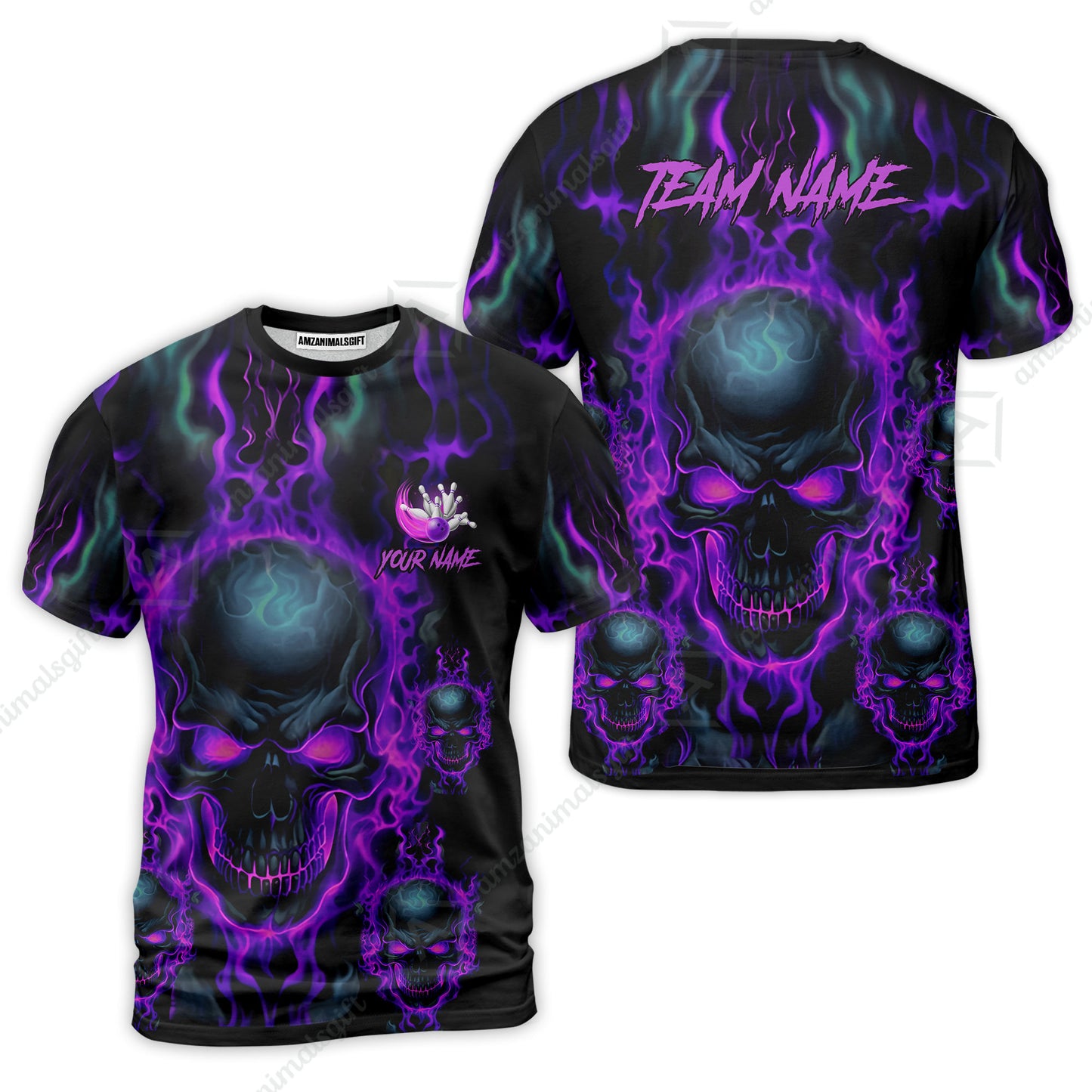 Bowling Customized Jersey Shirt Purple Flame Skull Bowling Tenpin Quarter Zip Shirt, Outfit For Bowlers, Bowling Team
