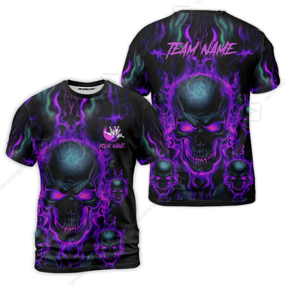 Bowling Customized Jersey Shirt Purple Flame Skull Bowling Tenpin Quarter Zip Shirt, Outfit For Bowlers, Bowling Team