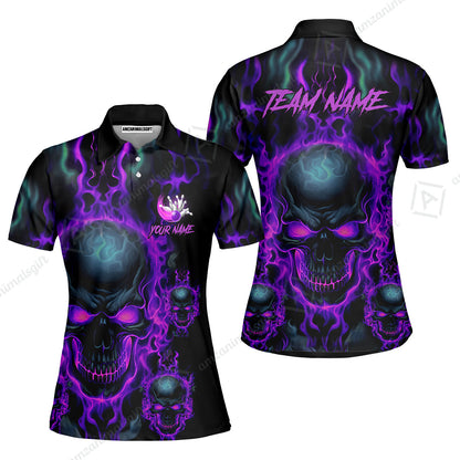 Bowling Customized Jersey Shirt Purple Flame Skull Bowling Tenpin Quarter Zip Shirt, Outfit For Bowlers, Bowling Team