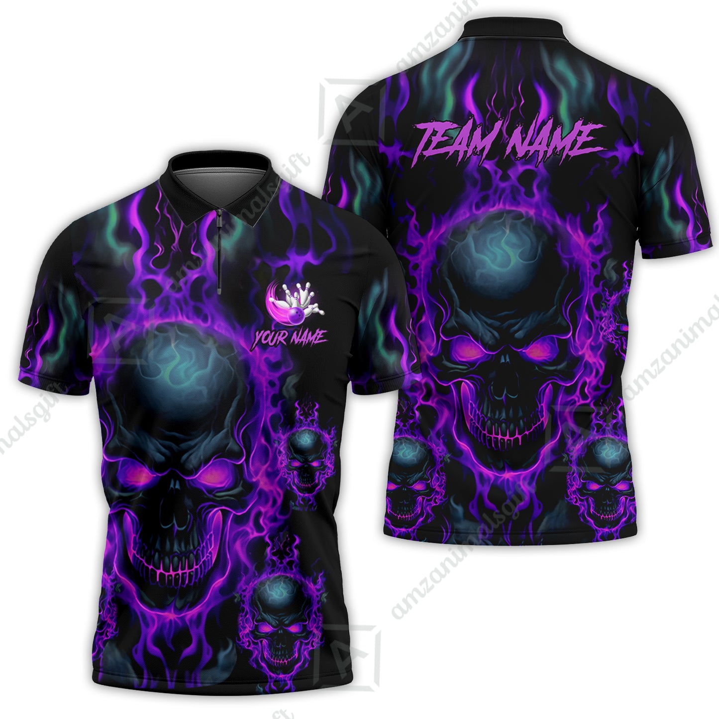 Bowling Customized Jersey Shirt Purple Flame Skull Bowling Tenpin Quarter Zip Shirt, Outfit For Bowlers, Bowling Team