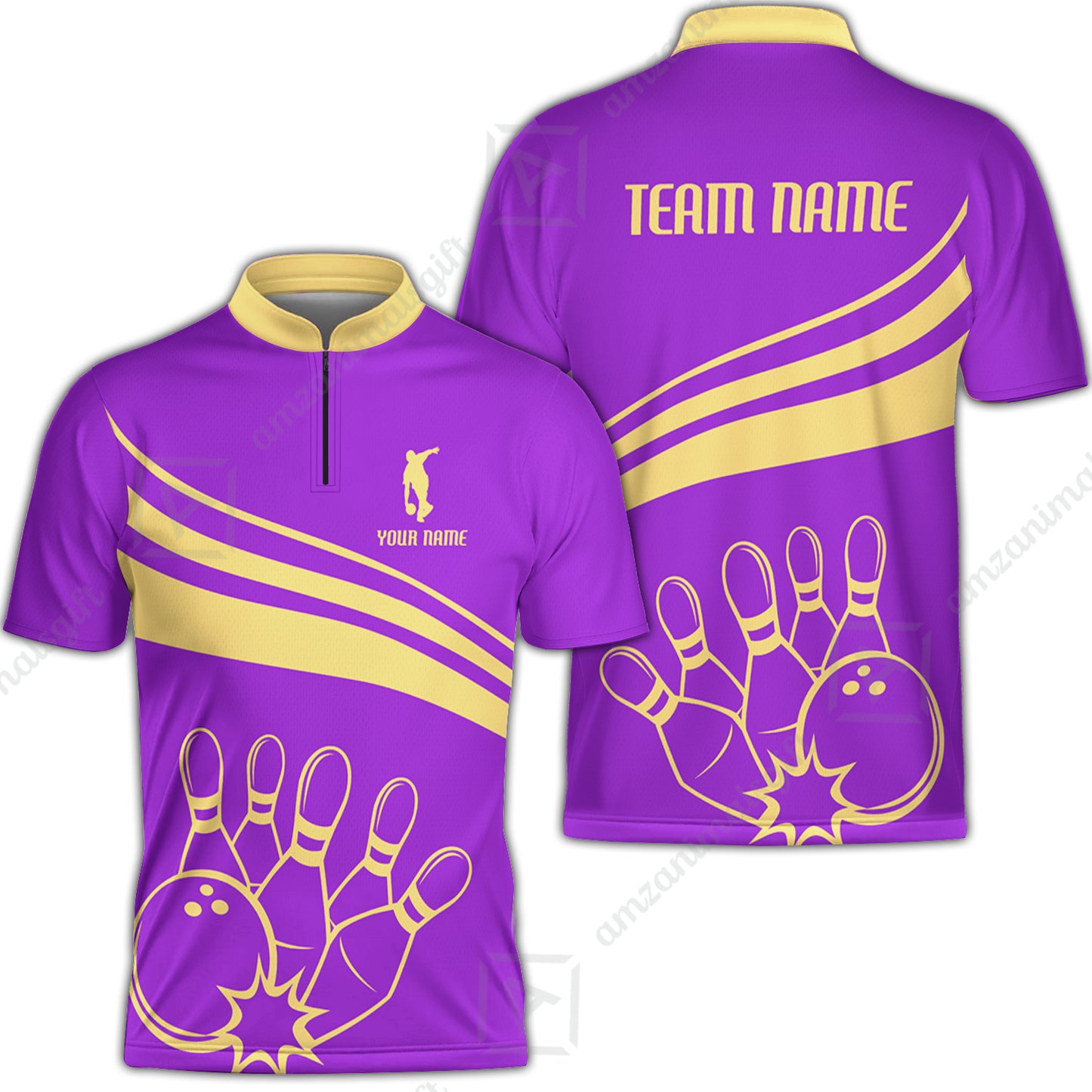 Bowling Customized Jersey Purple Shirt Gold Curve Bowling Tenpin Quarter Zip Shirt, Outfit For Bowlers, Bowling Team