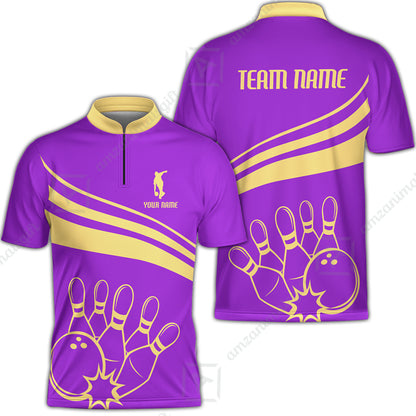 Bowling Customized Jersey Purple Shirt Gold Curve Bowling Tenpin Quarter Zip Shirt, Outfit For Bowlers, Bowling Team