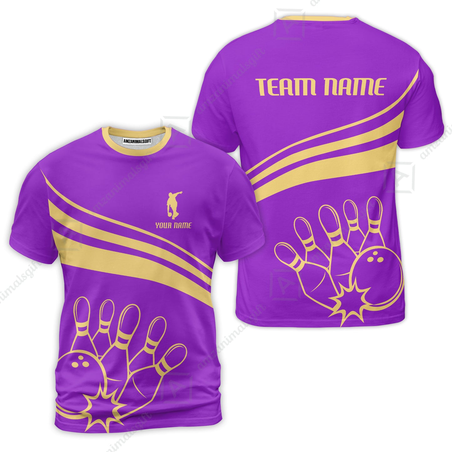 Bowling Customized Jersey Purple Shirt Gold Curve Bowling Tenpin Quarter Zip Shirt, Outfit For Bowlers, Bowling Team