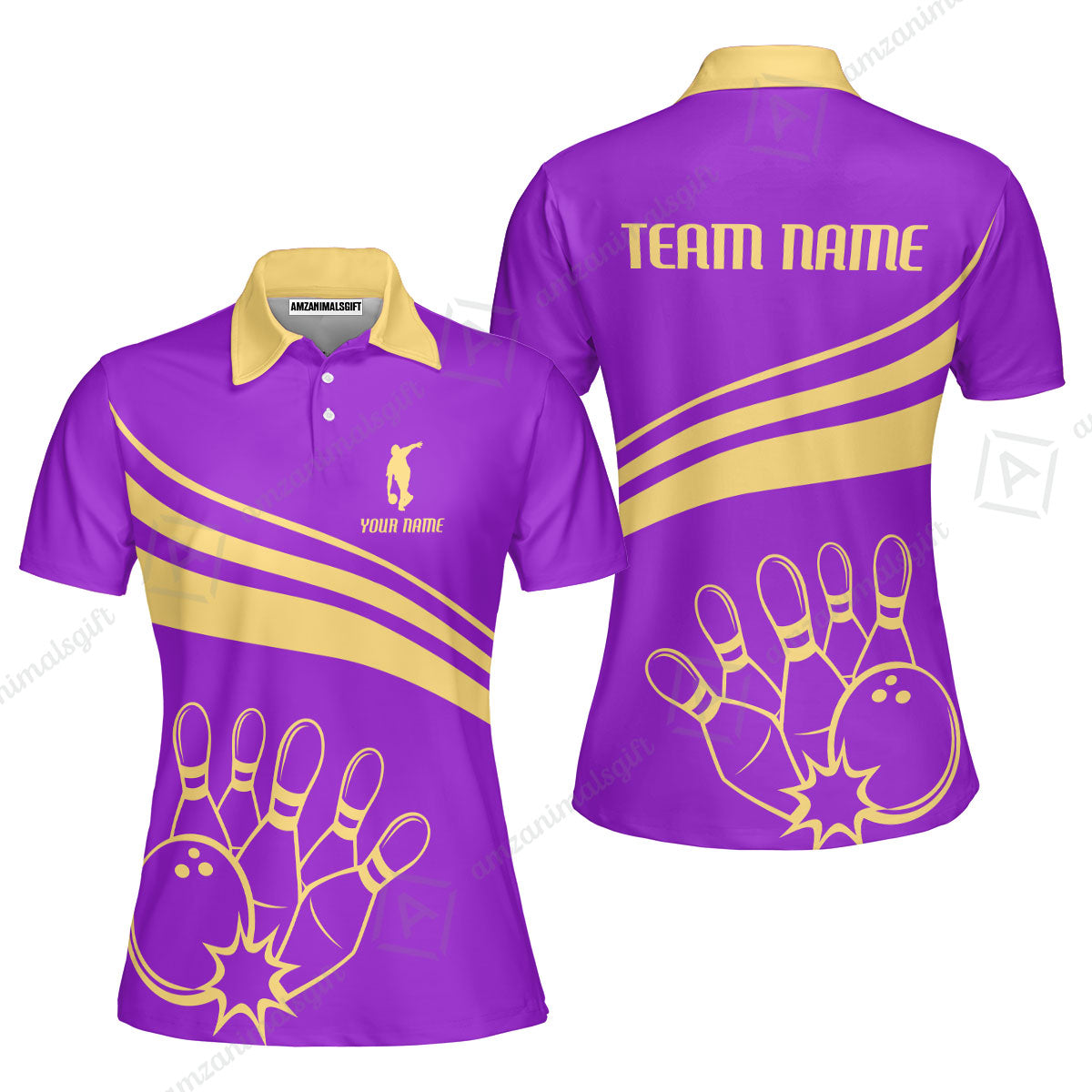 Bowling Customized Jersey Purple Shirt Gold Curve Bowling Tenpin Quarter Zip Shirt, Outfit For Bowlers, Bowling Team