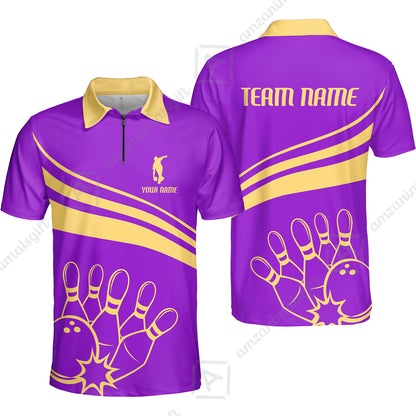 Bowling Customized Jersey Purple Shirt Gold Curve Bowling Tenpin Quarter Zip Shirt, Outfit For Bowlers, Bowling Team